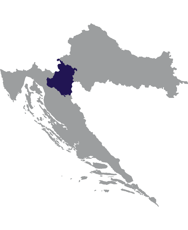 Landkaart Kroatië grijs met comitaat Karlovac donkerblauw op transparante achtergrond - 600 * 733 pixels